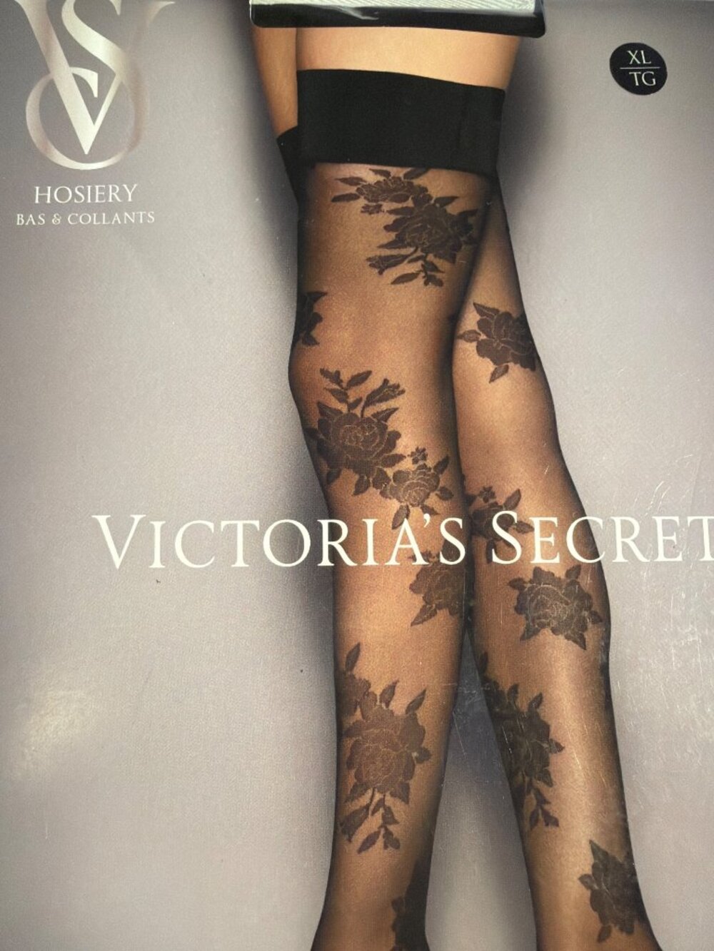 Victoria's Secret Very Sexy Sheer Rose Thigh Highs 20 Denier XL Black Satin Band